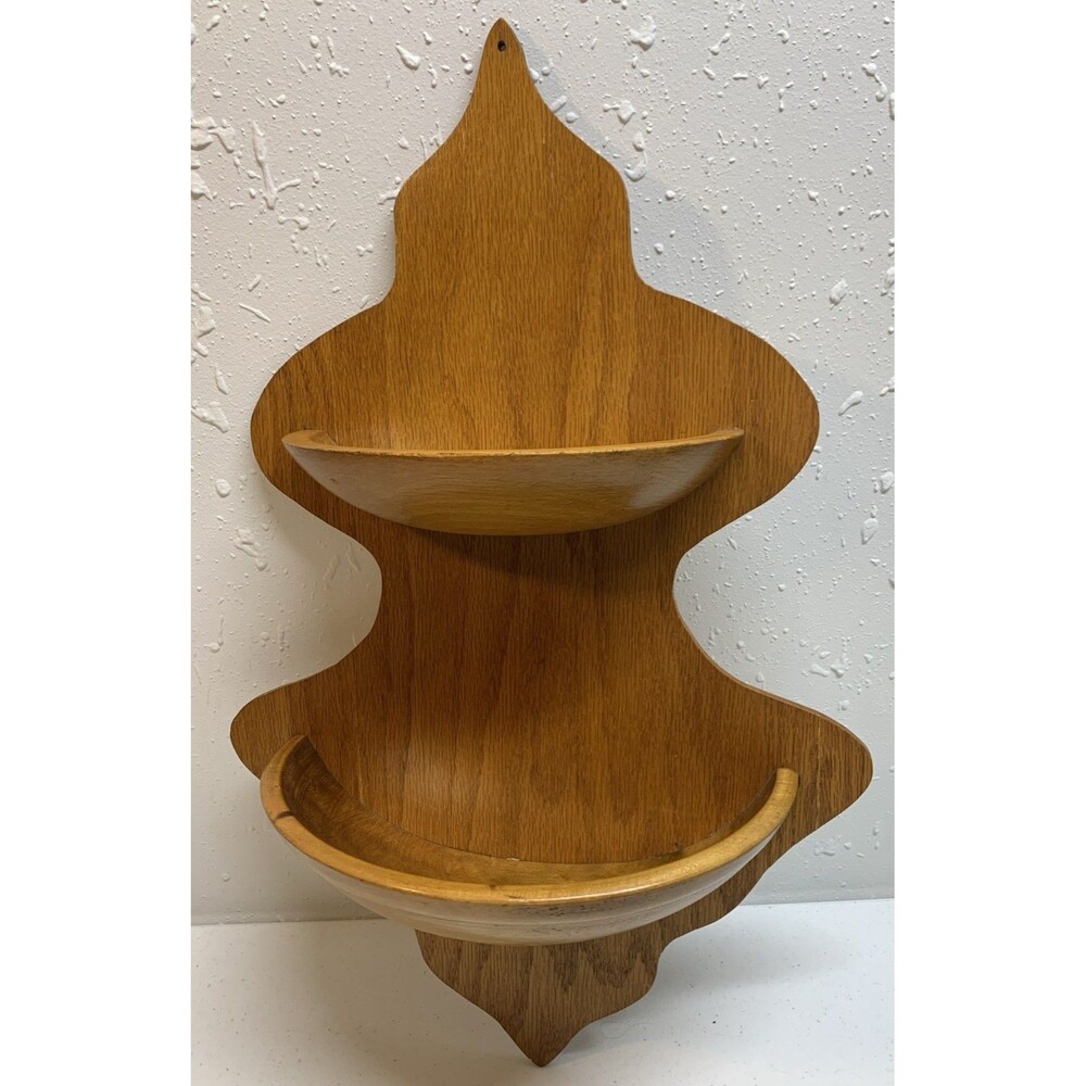 Primitive Vintage Two-Tier Wooden Bowl Wall Mount Display Shelf